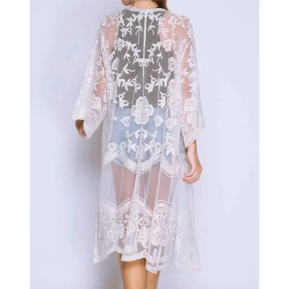 White Crochet Knitted Lace Open Front Kimono‎ Cardigan Bikini Swimsuit Coverup